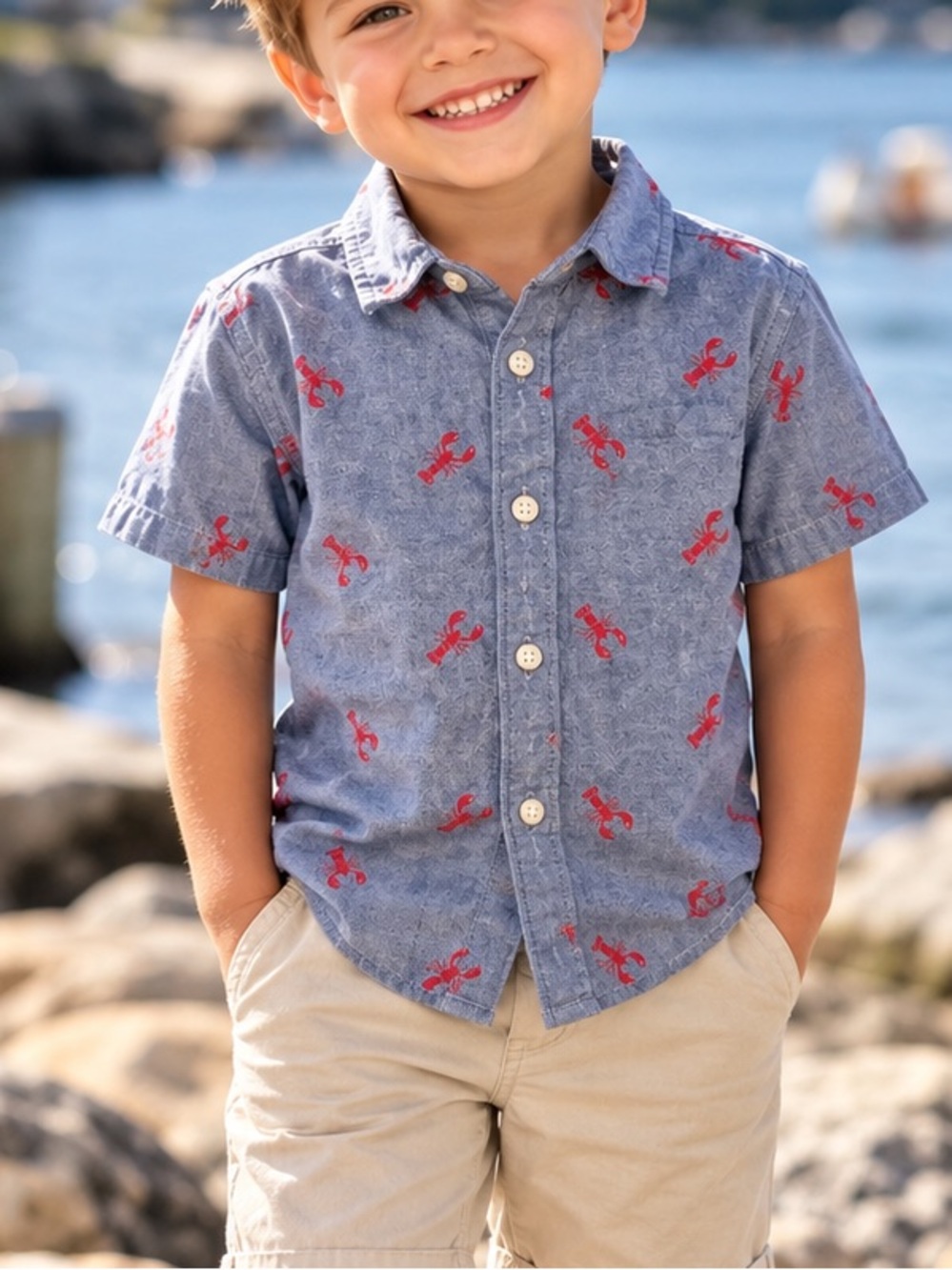 Old Navy boys’ size 5T short-sleeve button-down All over Lobster Print 5T